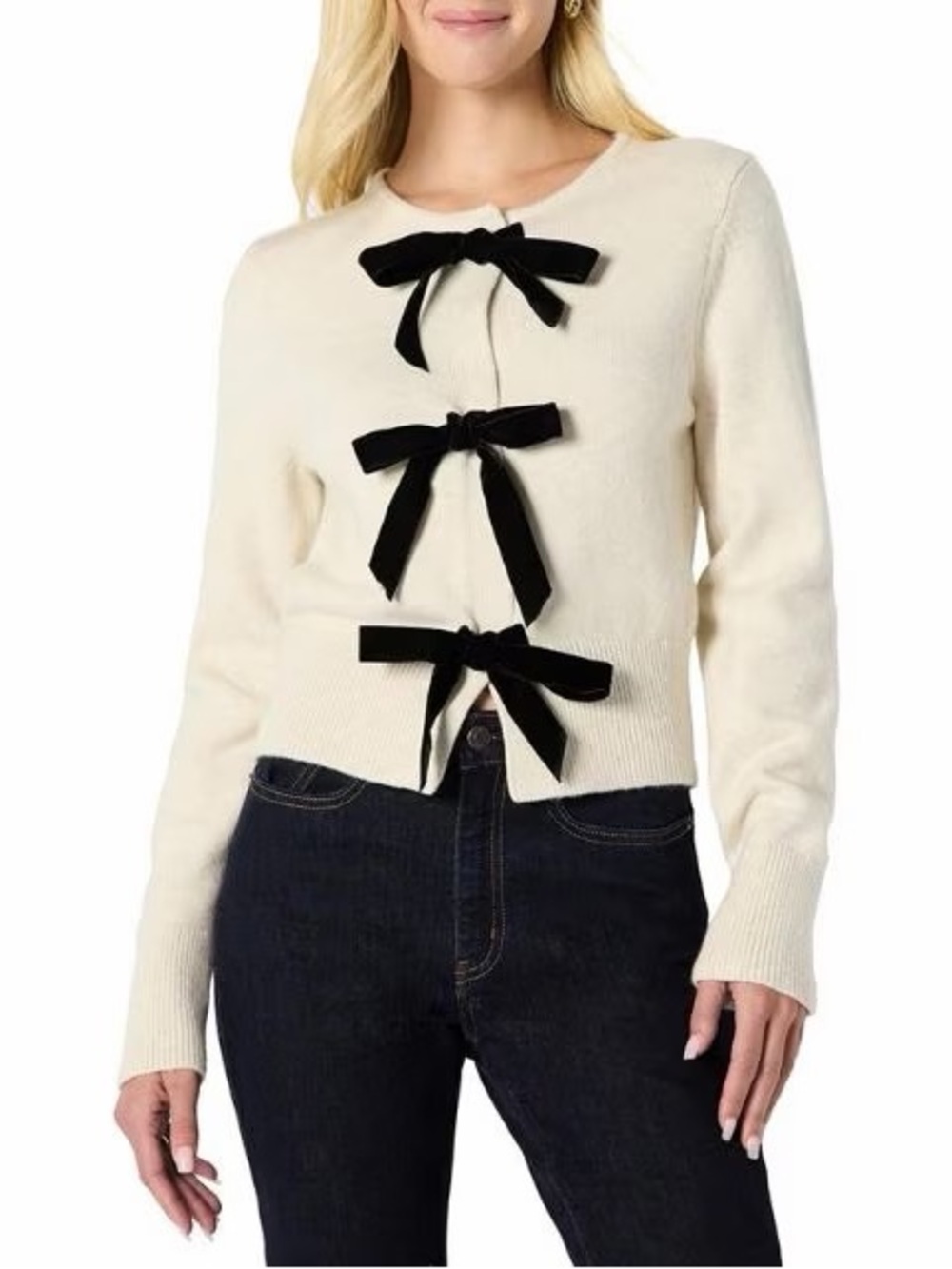 Amazon Essentials Cream Crewneck Sweater with Black Velvet Bow Trim